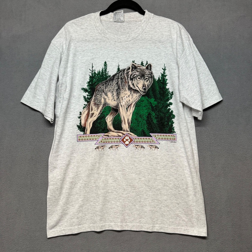 Cal Cru T Shirt Vintage 90s Y2K Wolf Graphic Nature Animal Made USA Large Gray‎